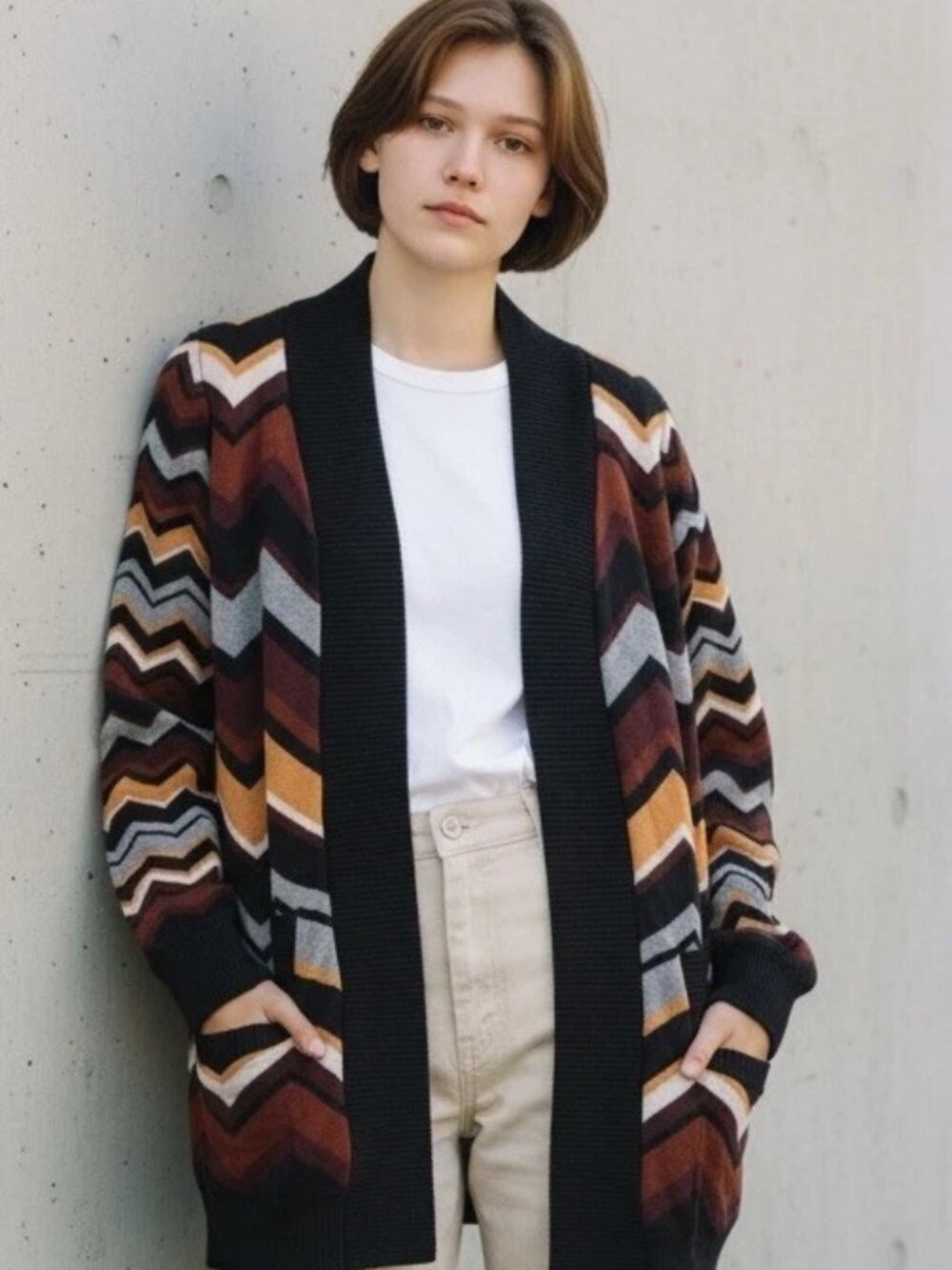 MISSONI for Target Open Cardigan Sweater Zig Zag Chevron Yellow Black Brown L